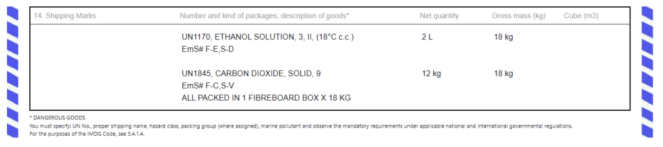 Dry ice in the same package as dangerous goods