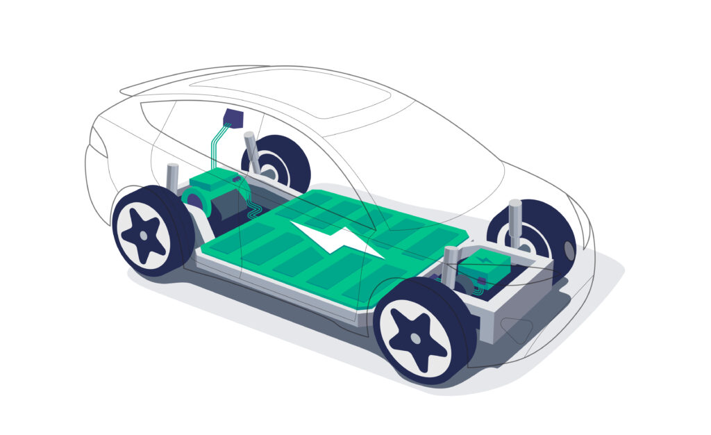 Electric car chassis with high energy battery cells pack modular platform. Skateboard module board. Vehicle components motor powertrain, controller with bodywork wheels. Isolated vector illustration