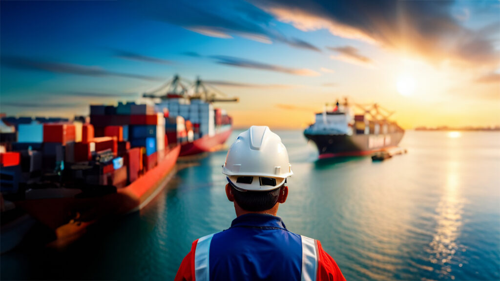 An engineer from behind at busy port full with ships and containers. 