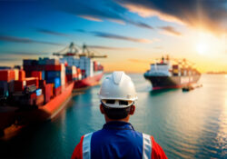 An engineer from behind at busy port full with ships and containers.