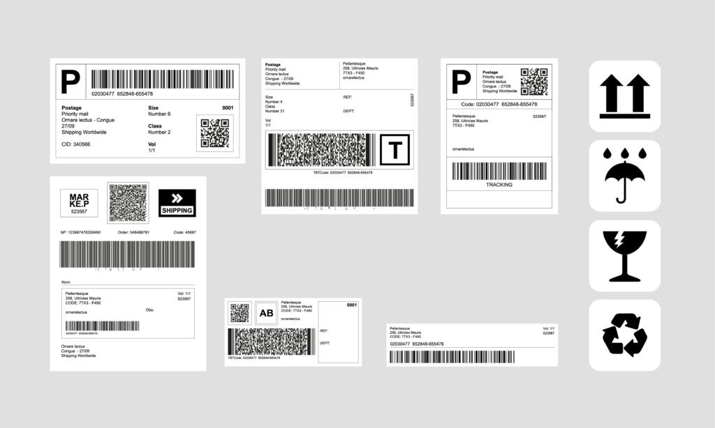 Barcode Label Delivery Template + Set of Cargo Icons, Fragile, Recycle, Stickers - Shipping Papers