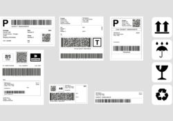 Barcode Label Delivery Template + Set of Cargo Icons, Fragile, Recycle, Stickers - Shipping Papers